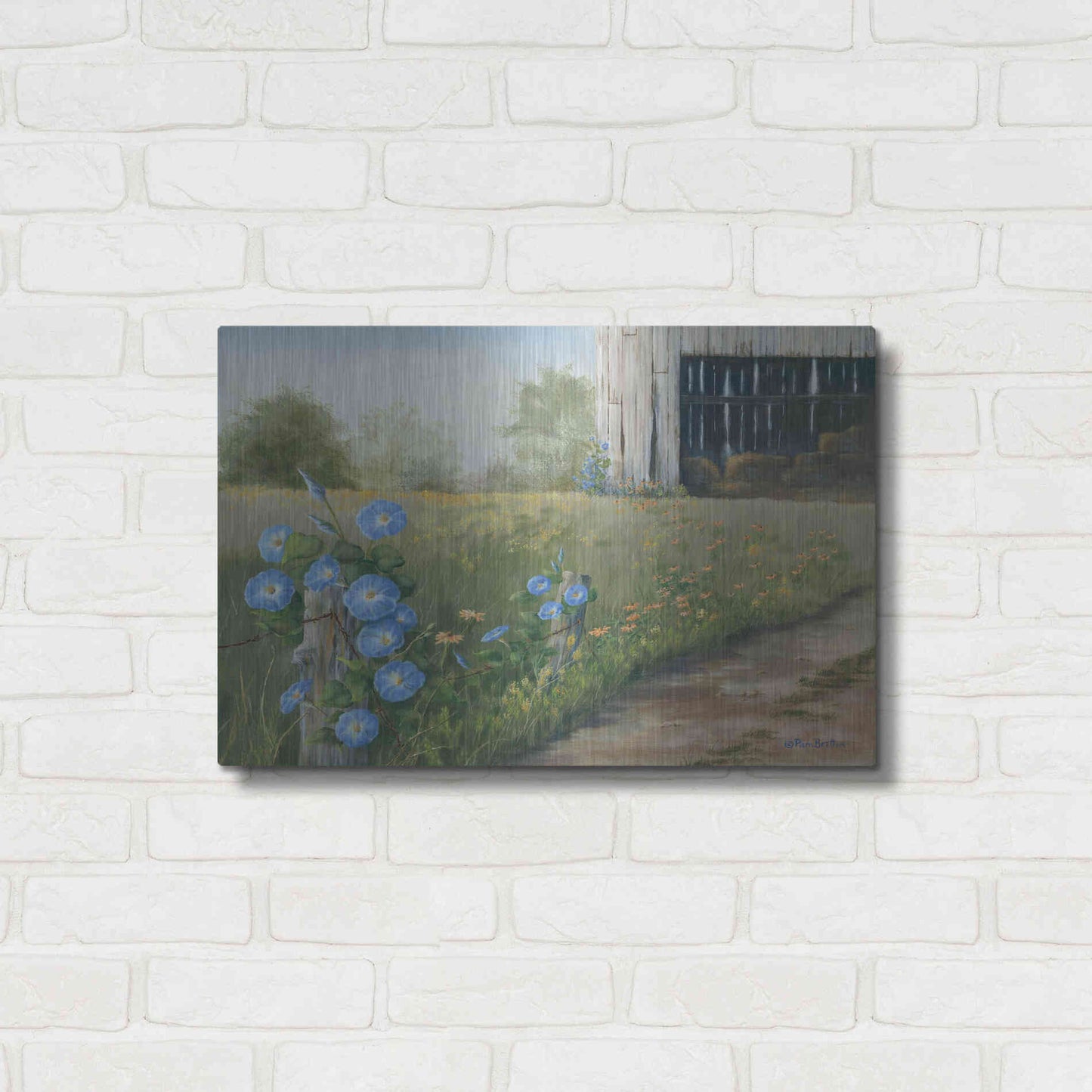 Luxe Metal Art 'Morning Glories & Hay Barn' by Pam Britton, Metal Wall Art,24x16