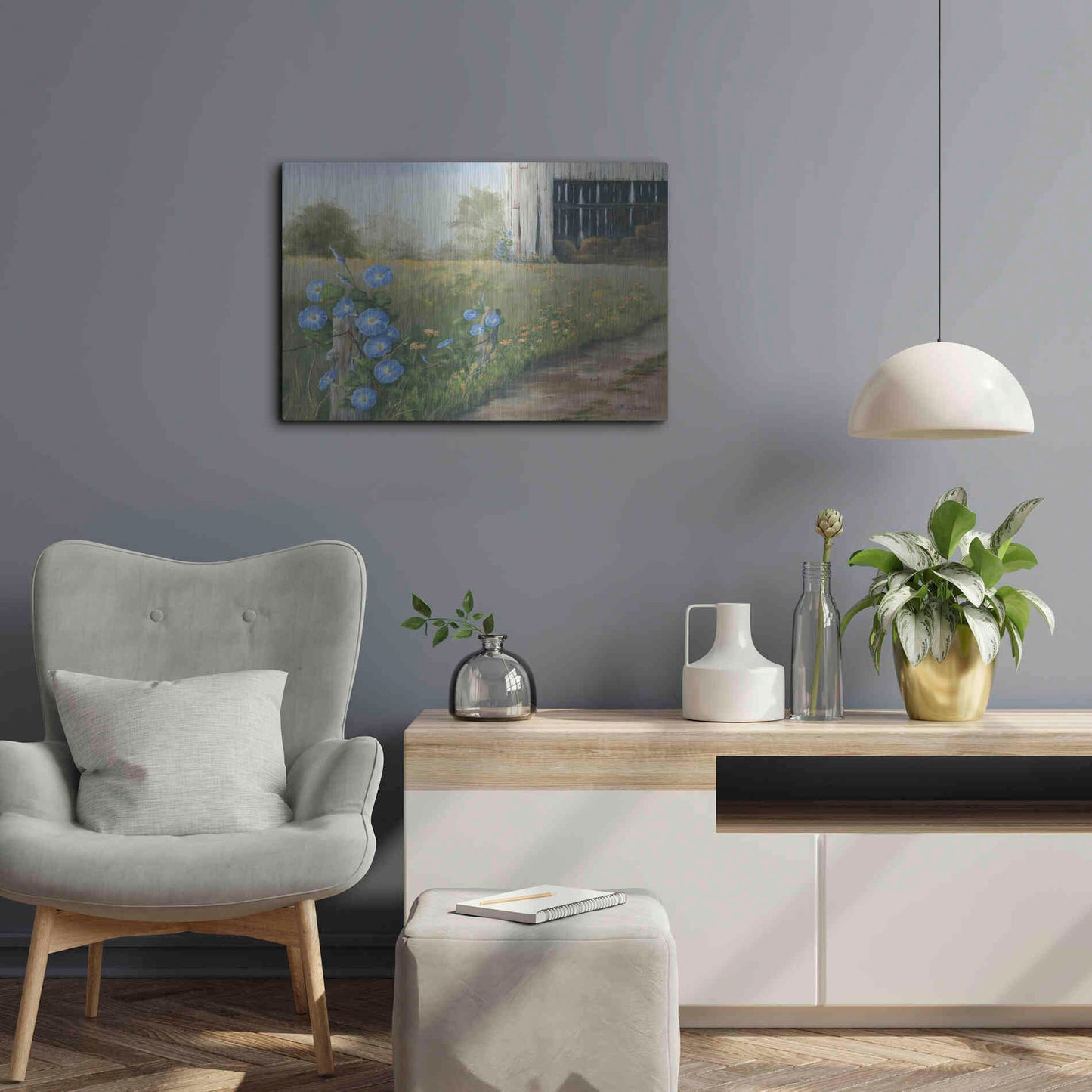 Luxe Metal Art 'Morning Glories & Hay Barn' by Pam Britton, Metal Wall Art,24x16