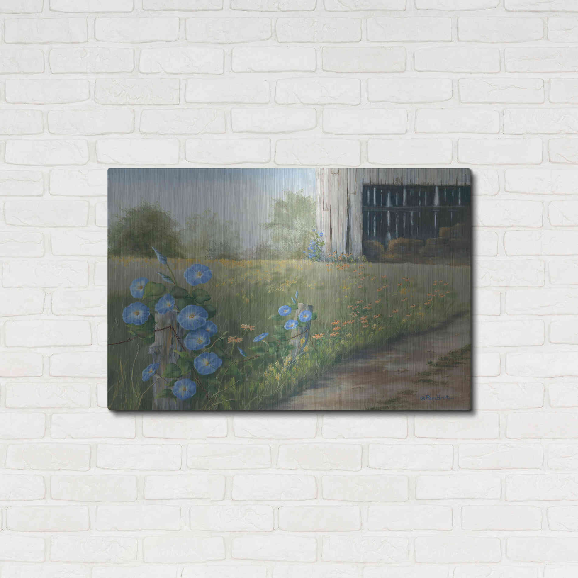 Luxe Metal Art 'Morning Glories & Hay Barn' by Pam Britton, Metal Wall Art,36x24