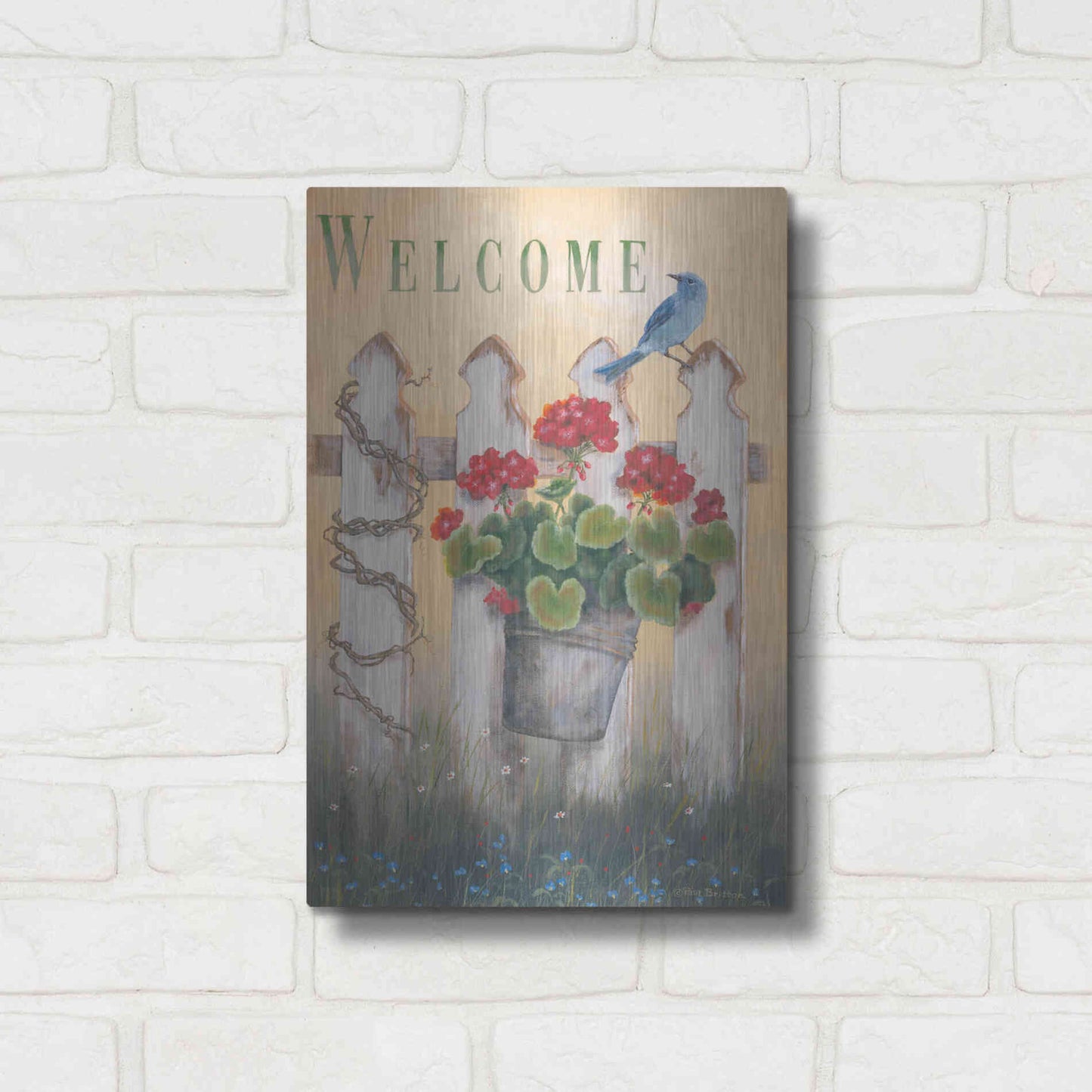 Luxe Metal Art 'Geraniums & Pickets' by Pam Britton, Metal Wall Art,12x16
