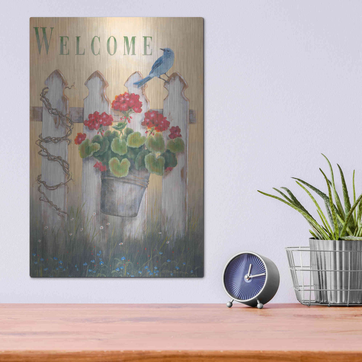Luxe Metal Art 'Geraniums & Pickets' by Pam Britton, Metal Wall Art,12x16