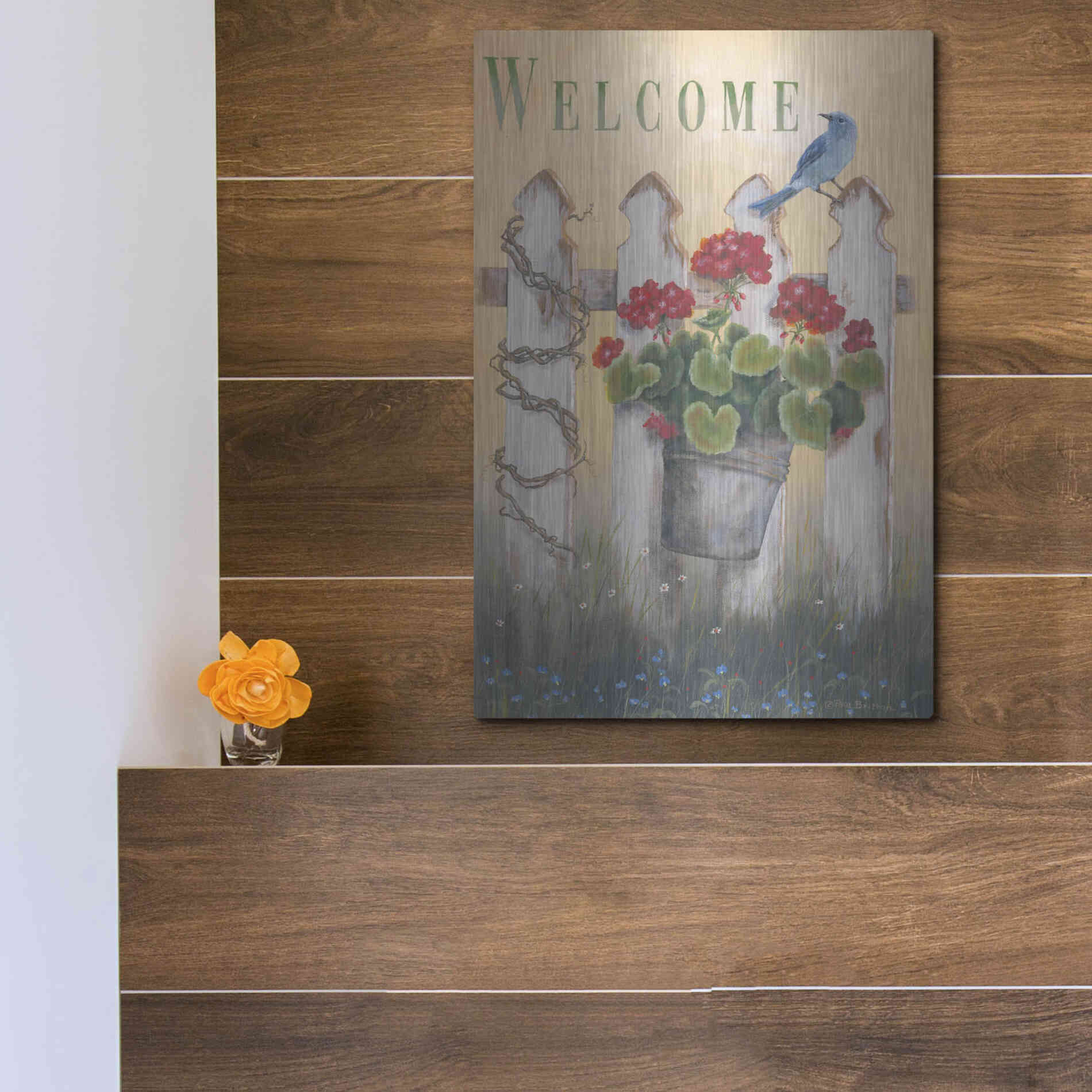 Luxe Metal Art 'Geraniums & Pickets' by Pam Britton, Metal Wall Art,12x16