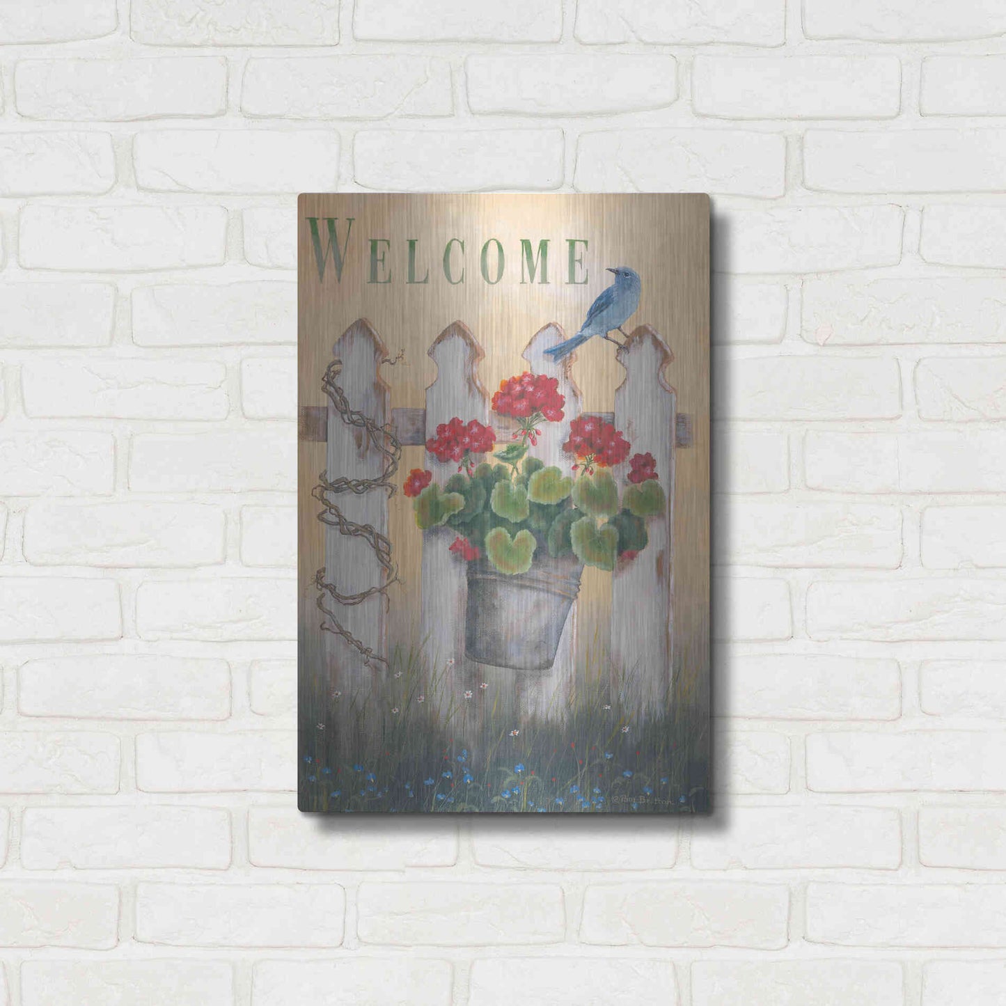 Luxe Metal Art 'Geraniums & Pickets' by Pam Britton, Metal Wall Art,16x24