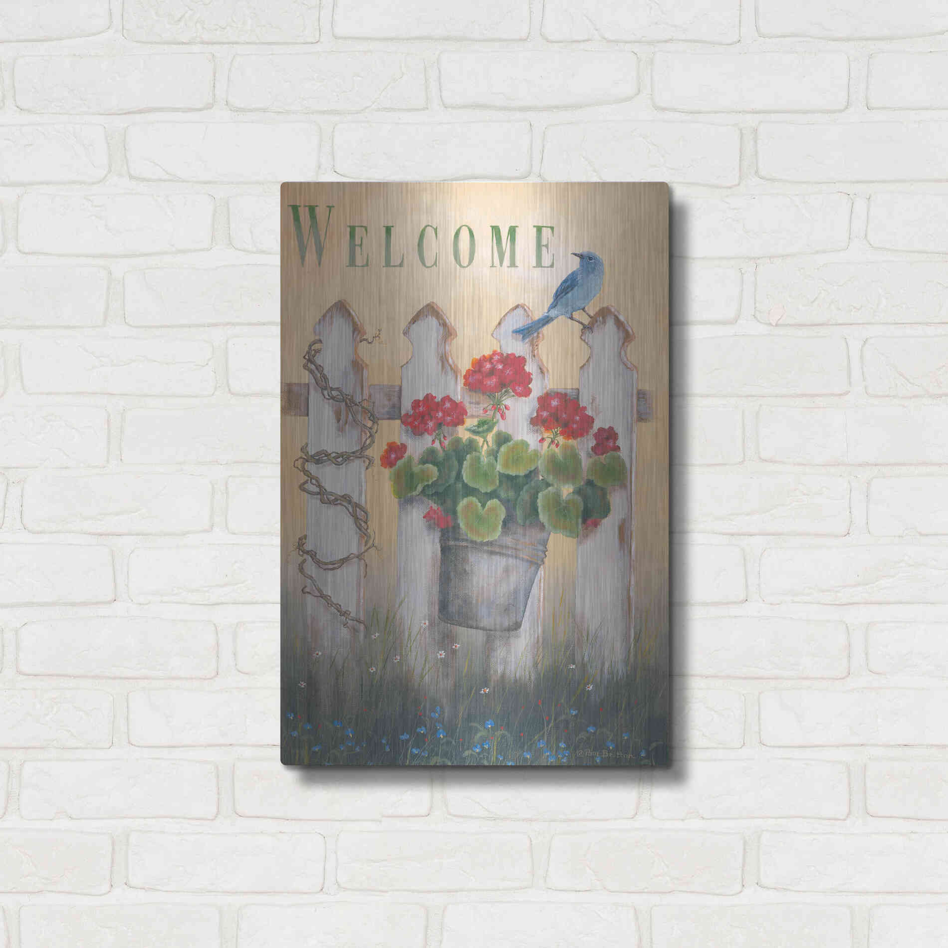 Luxe Metal Art 'Geraniums & Pickets' by Pam Britton, Metal Wall Art,16x24