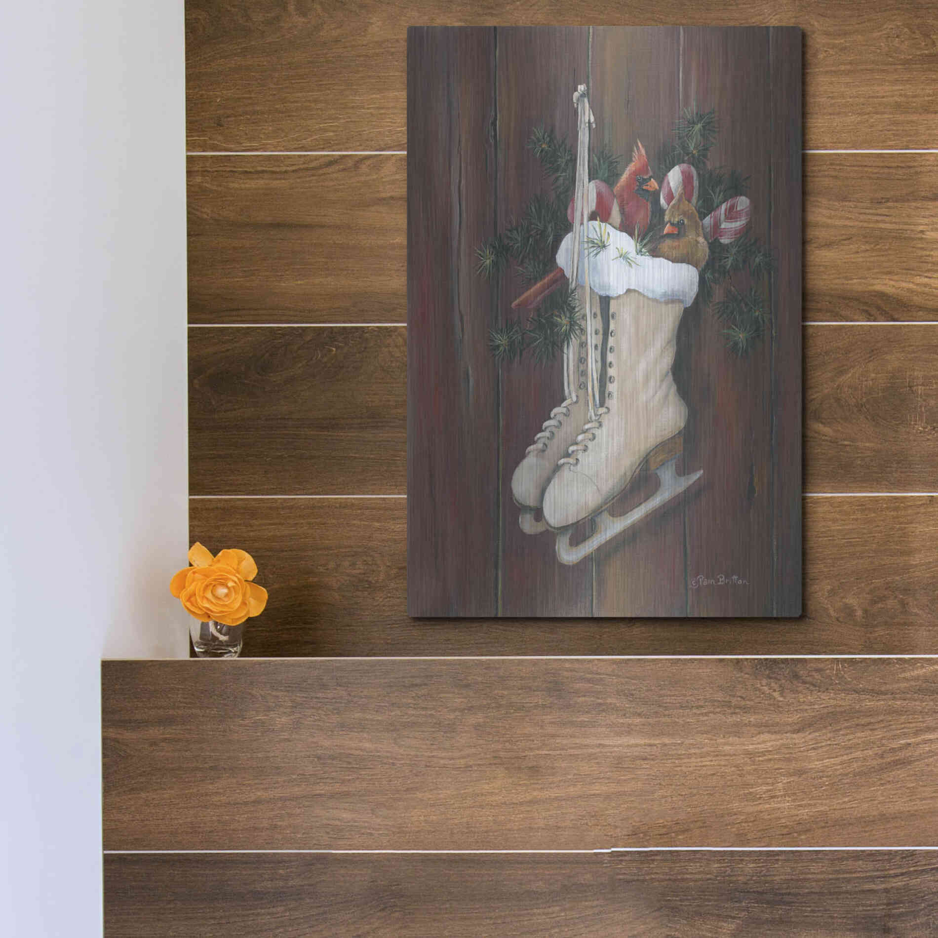 Luxe Metal Art 'Cardinals & Skates' by Pam Britton, Metal Wall Art,12x16