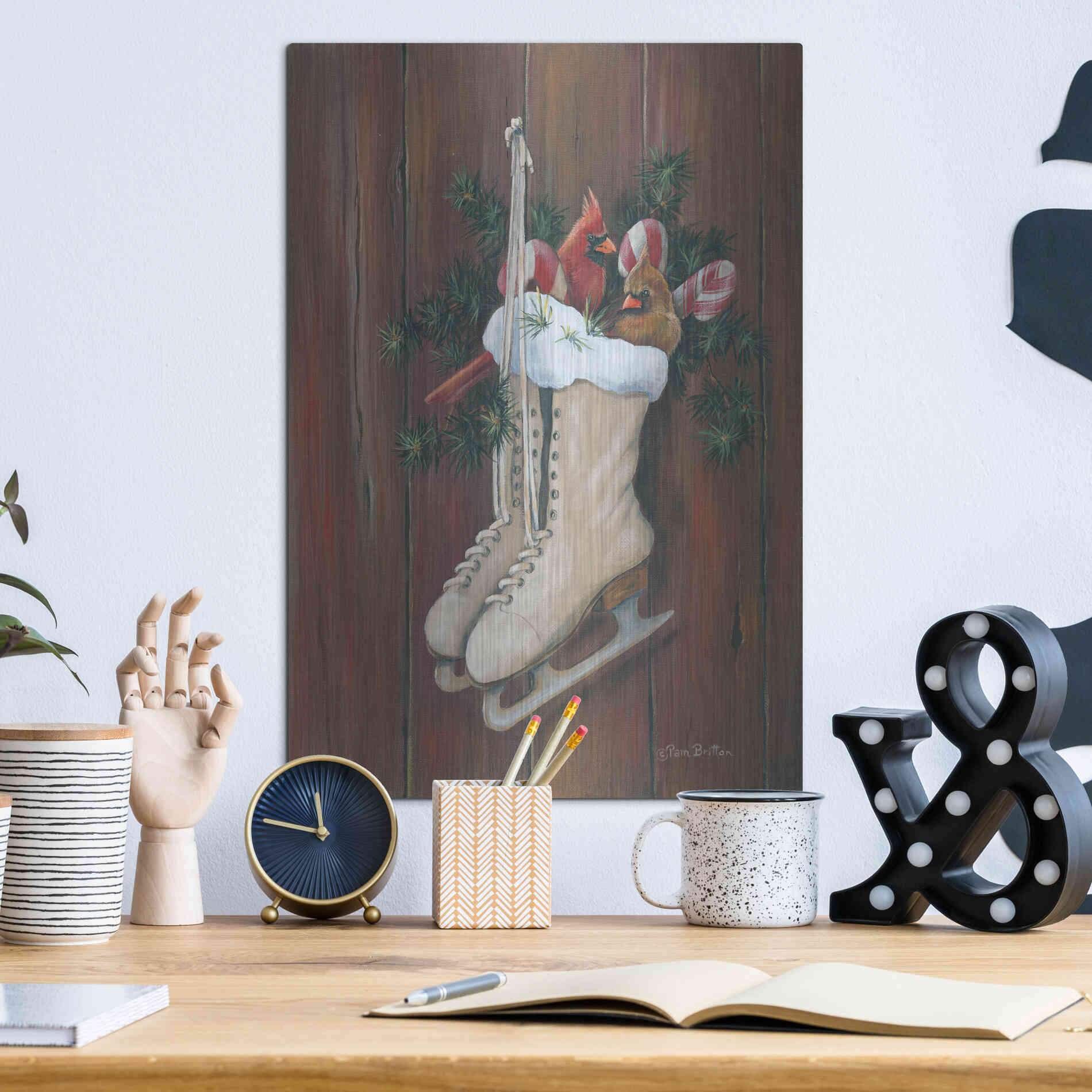 Luxe Metal Art 'Cardinals & Skates' by Pam Britton, Metal Wall Art,12x16