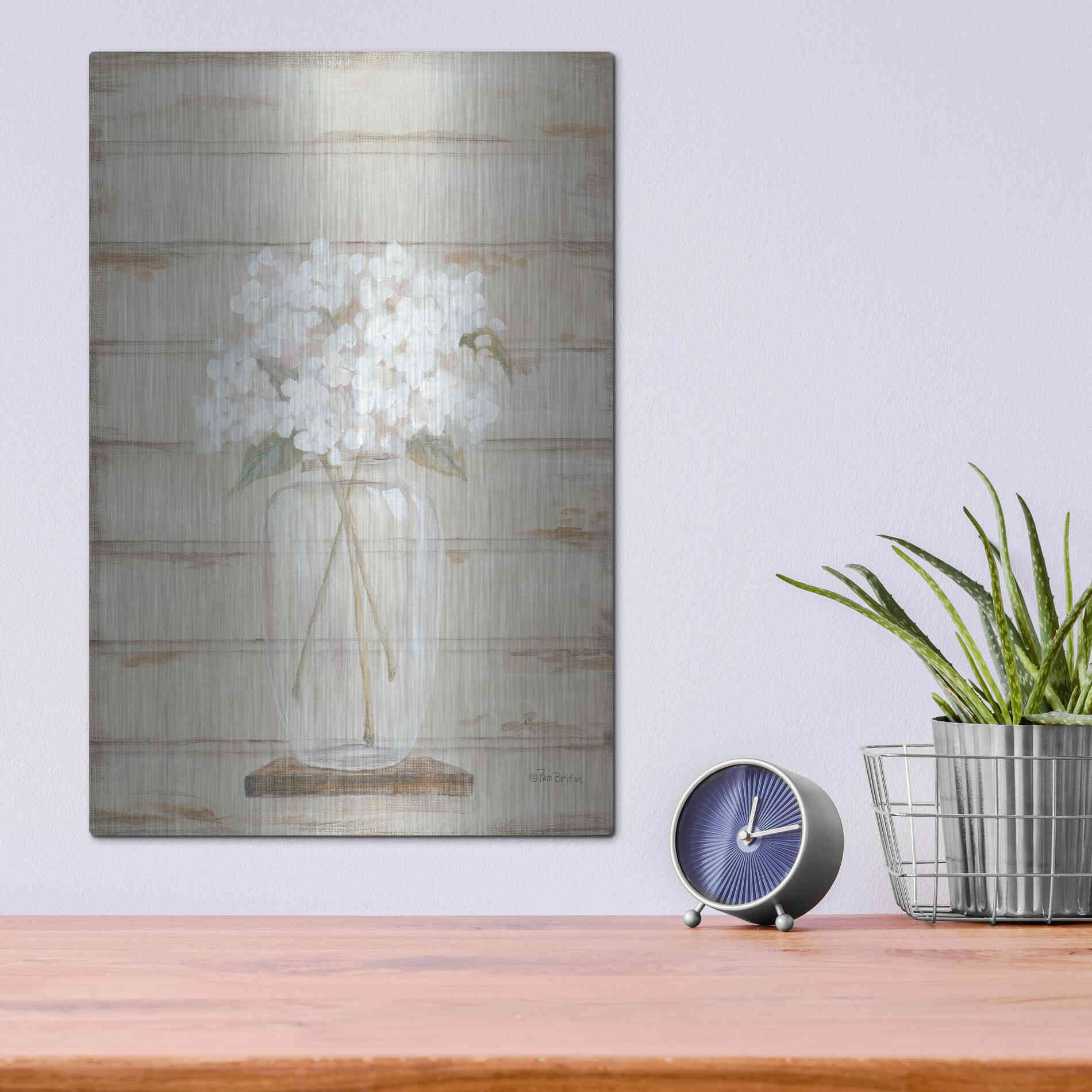 Luxe Metal Art 'Hydrangeas in Vase' by Pam Britton, Metal Wall Art,12x16