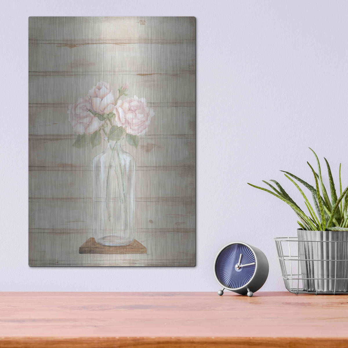 Luxe Metal Art 'Roses in Glass Vase' by Pam Britton, Metal Wall Art,12x16