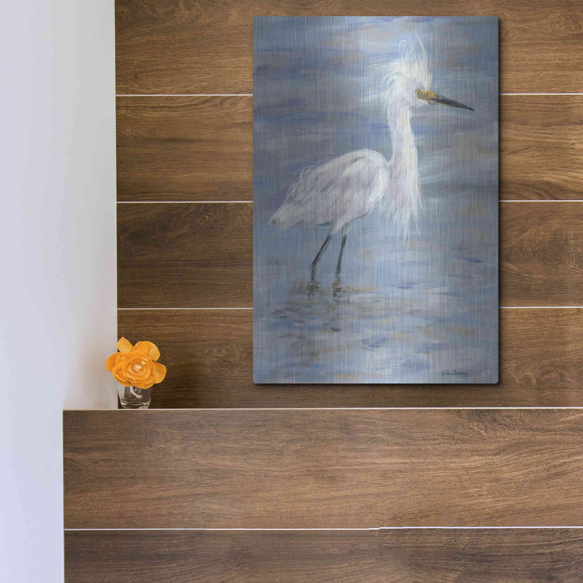 Luxe Metal Art 'Egret' by Pam Britton, Metal Wall Art,12x16