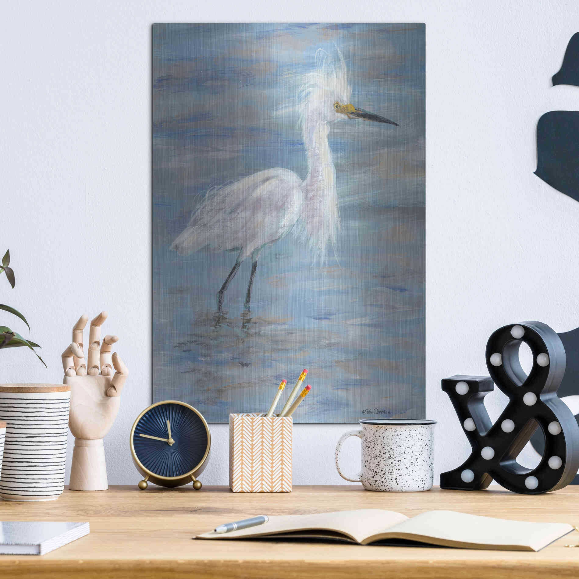 Luxe Metal Art 'Egret' by Pam Britton, Metal Wall Art,12x16