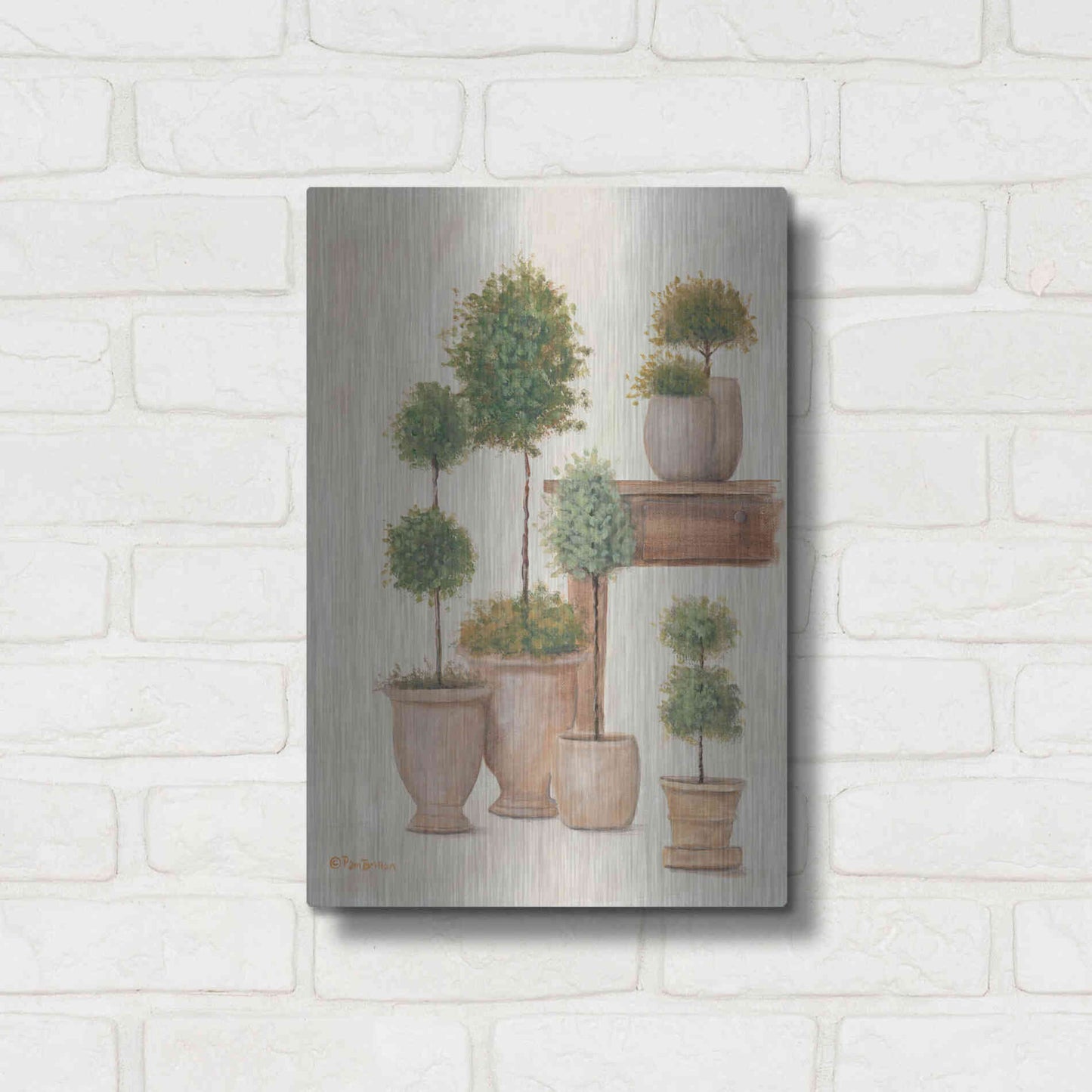 Luxe Metal Art 'Potting Bench & Topiaries I' by Pam Britton, Metal Wall Art,12x16