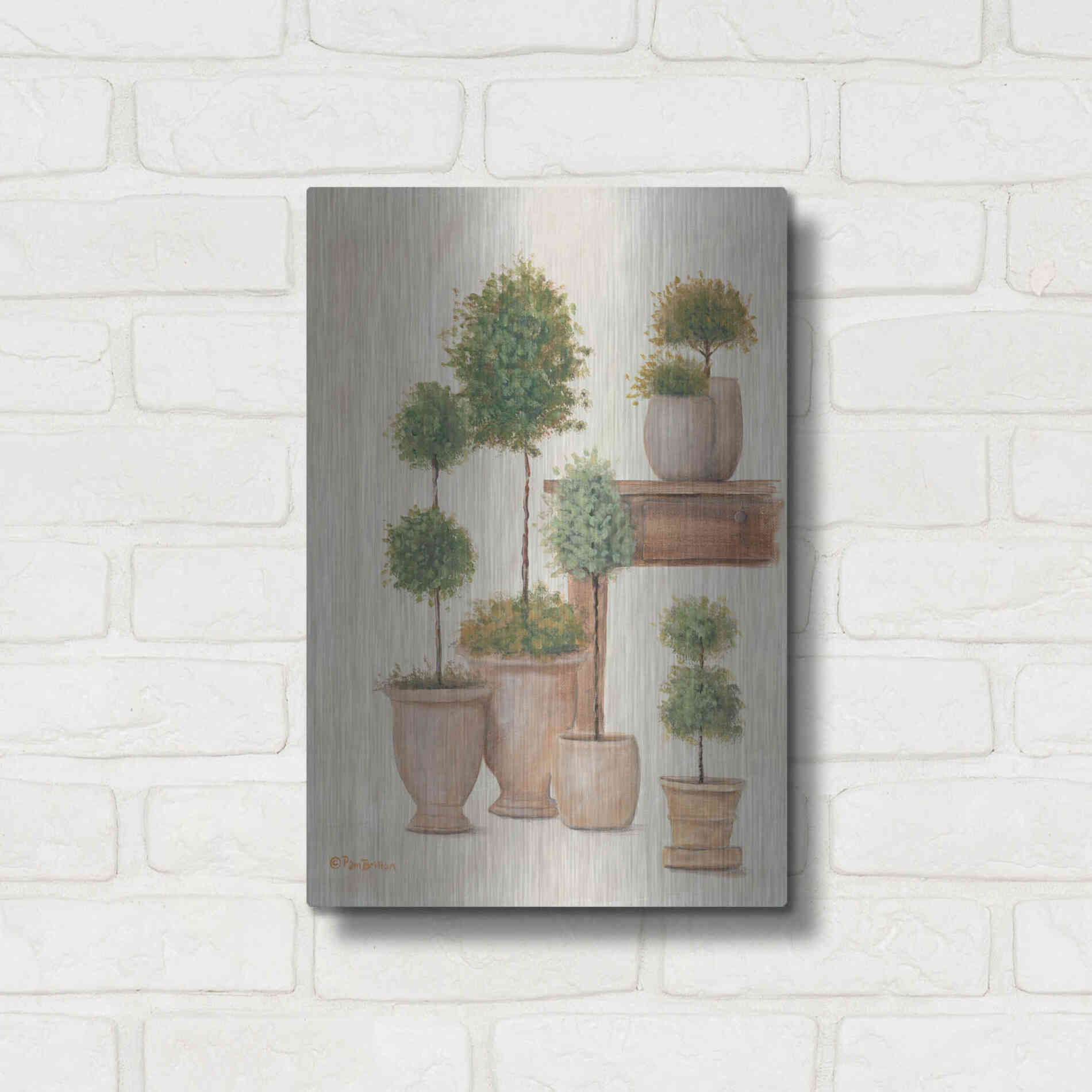 Luxe Metal Art 'Potting Bench & Topiaries I' by Pam Britton, Metal Wall Art,12x16