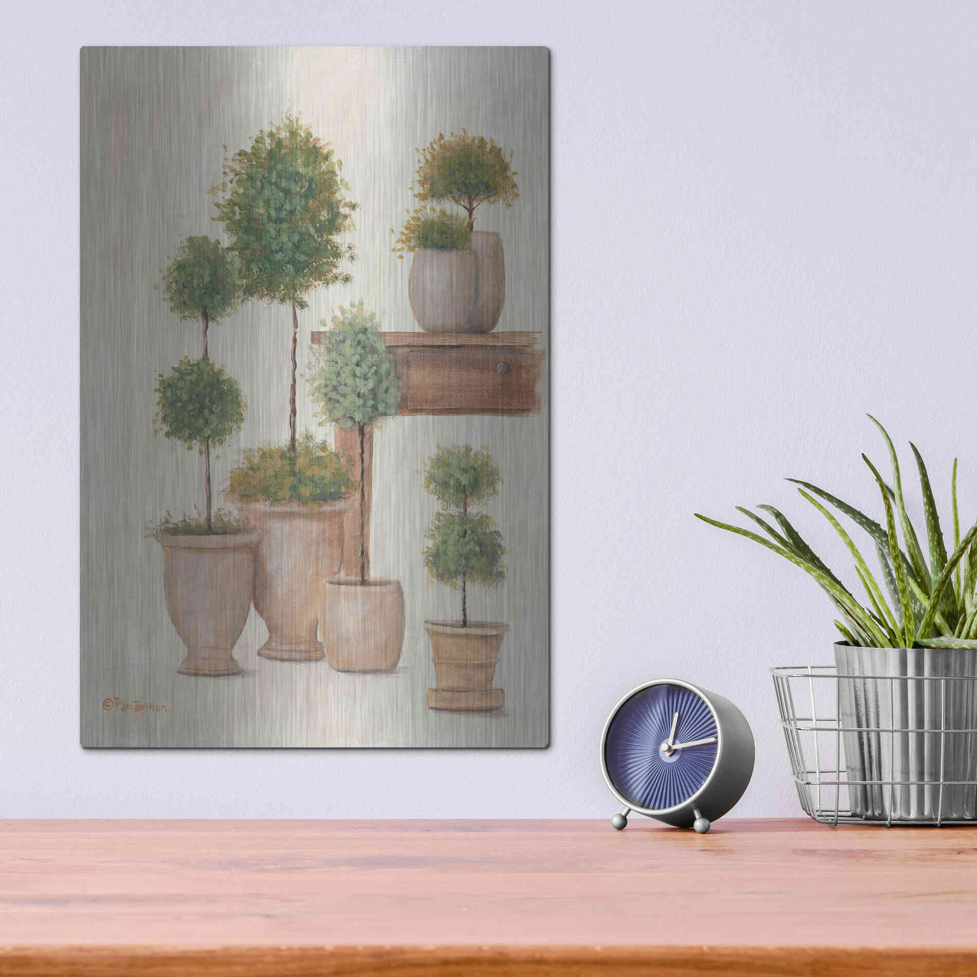 Luxe Metal Art 'Potting Bench & Topiaries I' by Pam Britton, Metal Wall Art,12x16