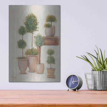 Luxe Metal Art 'Potting Bench & Topiaries I' by Pam Britton, Metal Wall Art,12x16