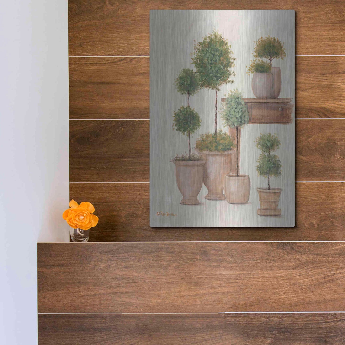 Luxe Metal Art 'Potting Bench & Topiaries I' by Pam Britton, Metal Wall Art,12x16