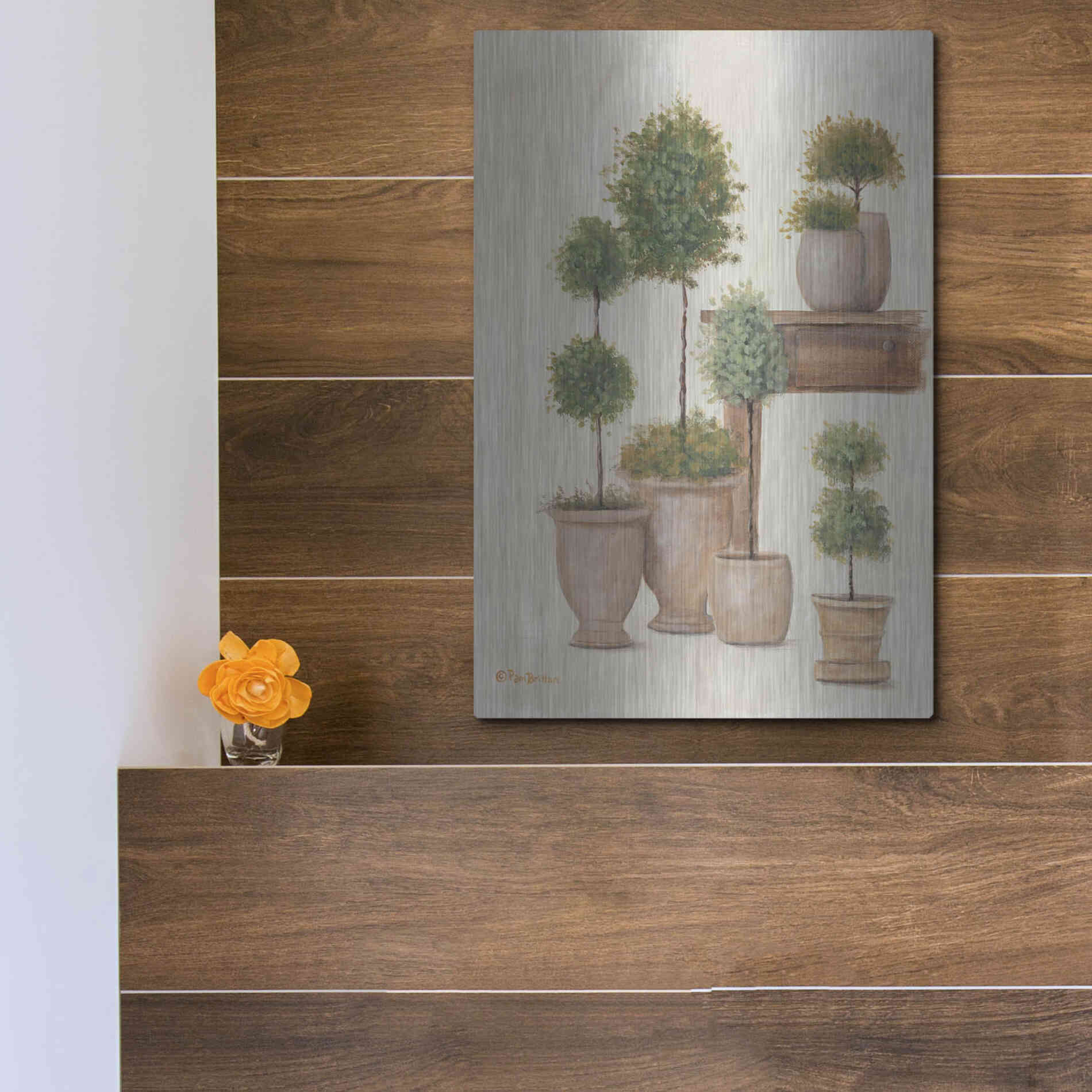 Luxe Metal Art 'Potting Bench & Topiaries I' by Pam Britton, Metal Wall Art,12x16