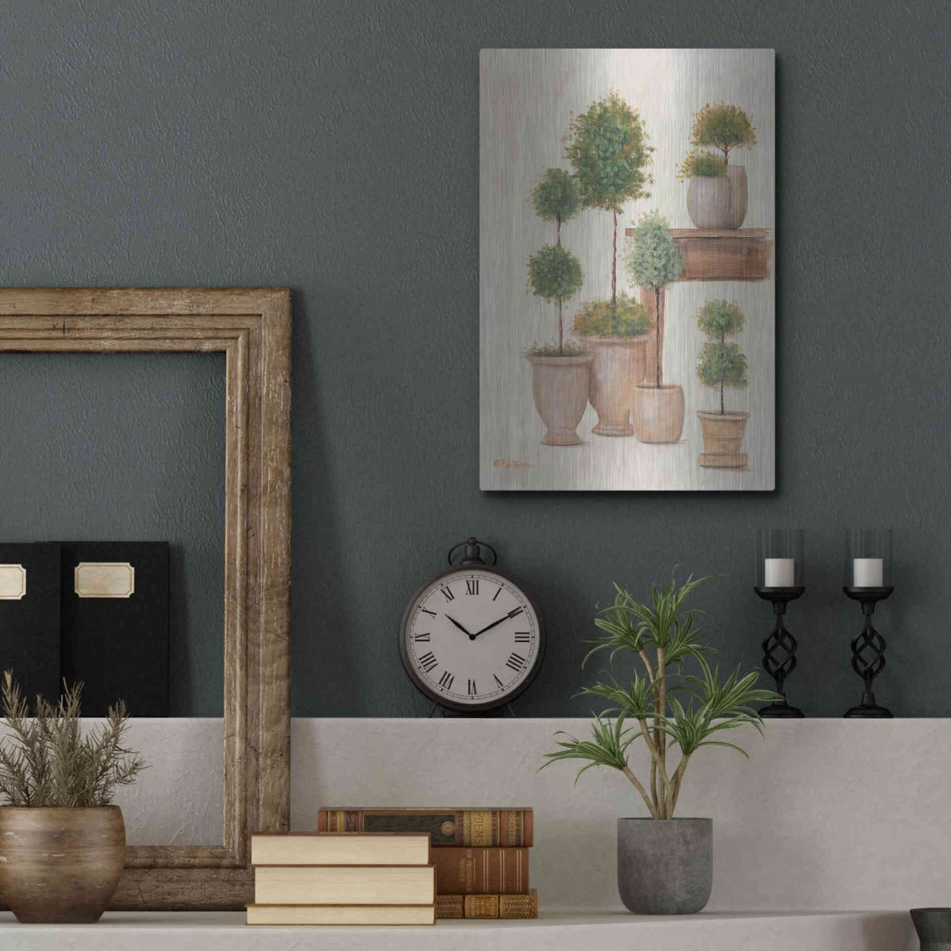 Luxe Metal Art 'Potting Bench & Topiaries I' by Pam Britton, Metal Wall Art,12x16