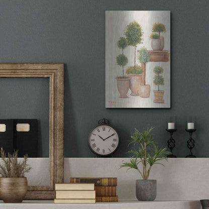 Luxe Metal Art 'Potting Bench & Topiaries I' by Pam Britton, Metal Wall Art,12x16