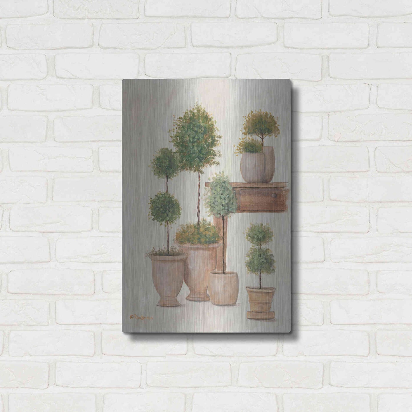 Luxe Metal Art 'Potting Bench & Topiaries I' by Pam Britton, Metal Wall Art,16x24