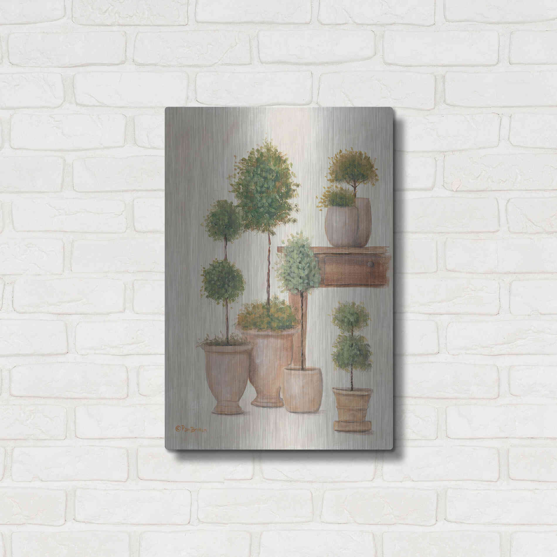 Luxe Metal Art 'Potting Bench & Topiaries I' by Pam Britton, Metal Wall Art,16x24