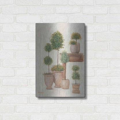 Luxe Metal Art 'Potting Bench & Topiaries I' by Pam Britton, Metal Wall Art,16x24