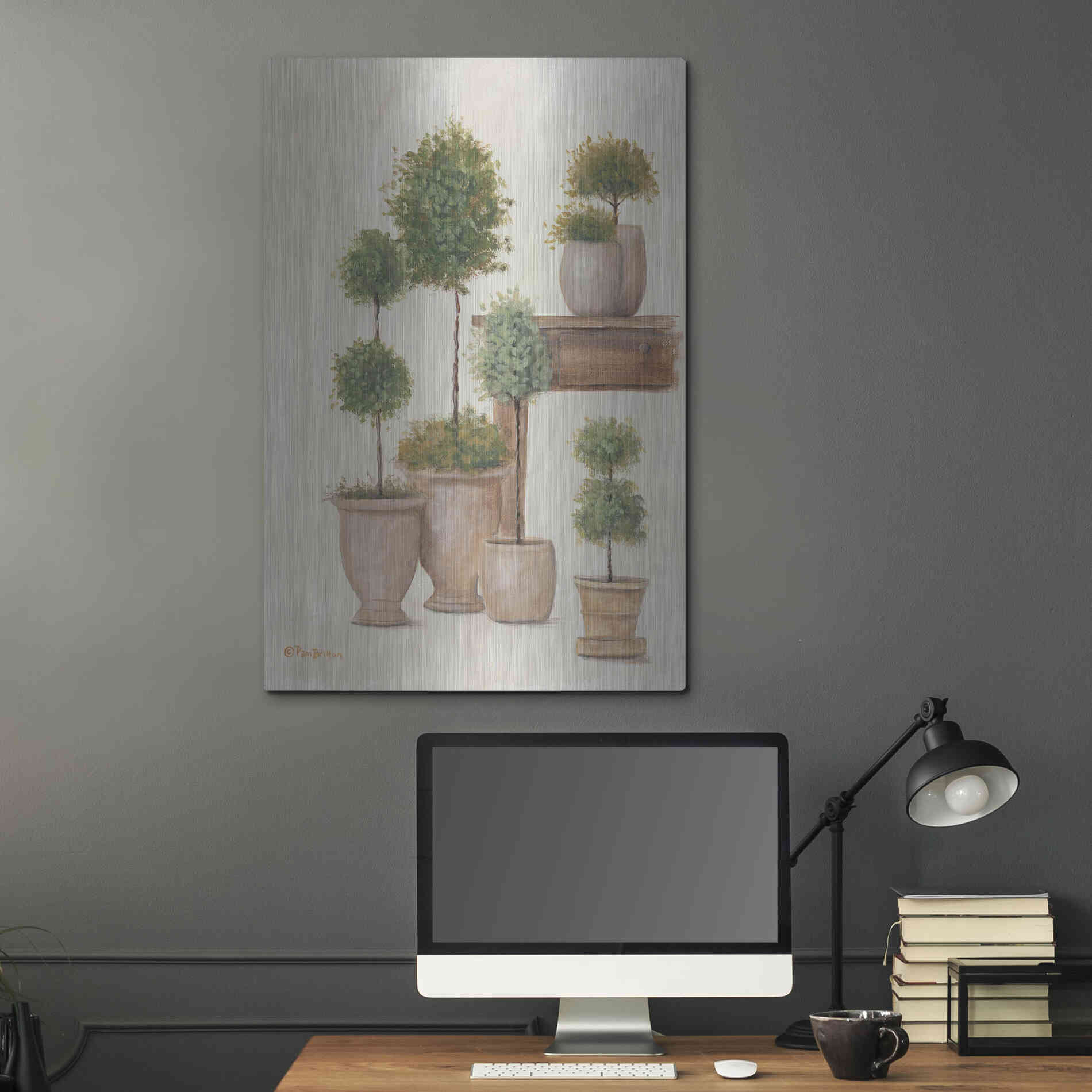 Luxe Metal Art 'Potting Bench & Topiaries I' by Pam Britton, Metal Wall Art,24x36