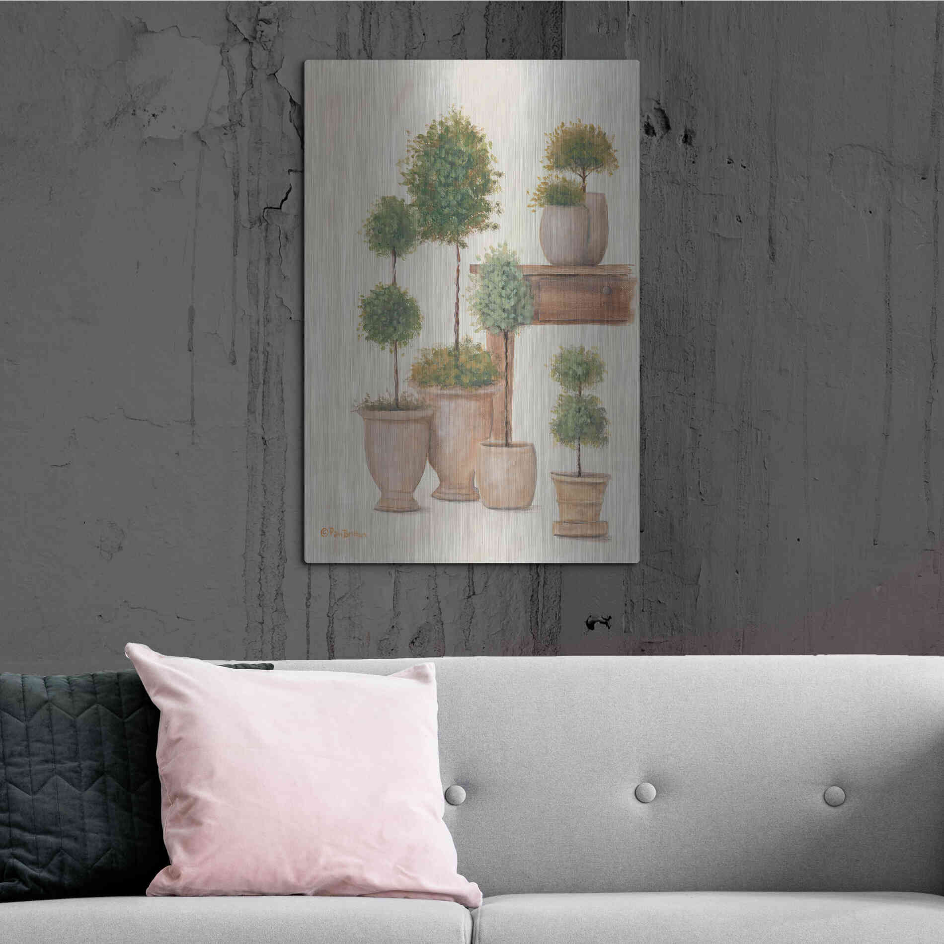 Luxe Metal Art 'Potting Bench & Topiaries I' by Pam Britton, Metal Wall Art,24x36