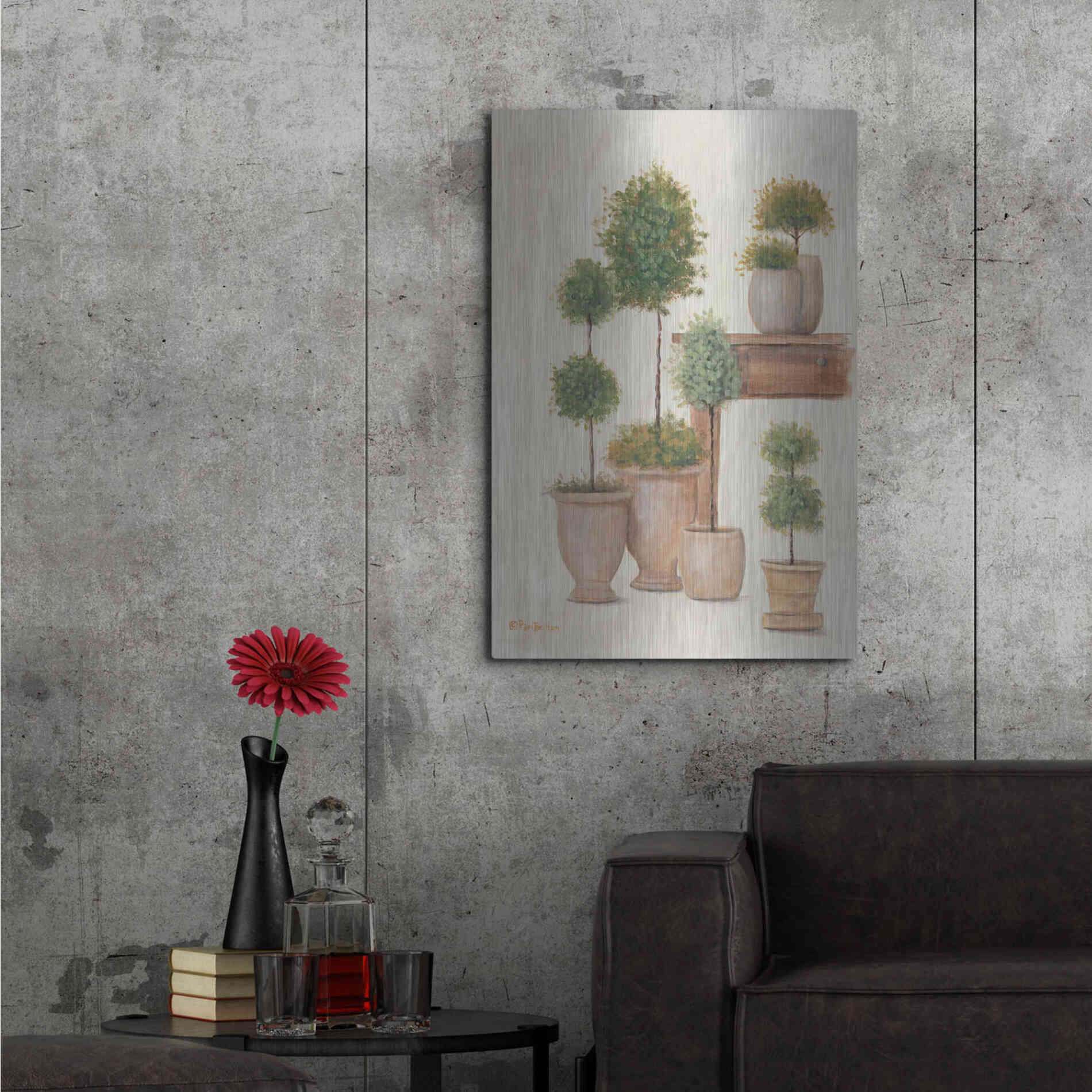 Luxe Metal Art 'Potting Bench & Topiaries I' by Pam Britton, Metal Wall Art,24x36