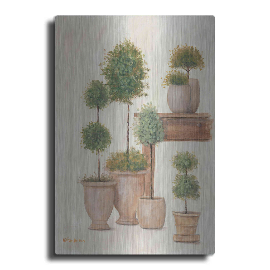 Luxe Metal Art 'Potting Bench & Topiaries I' by Pam Britton, Metal Wall Art