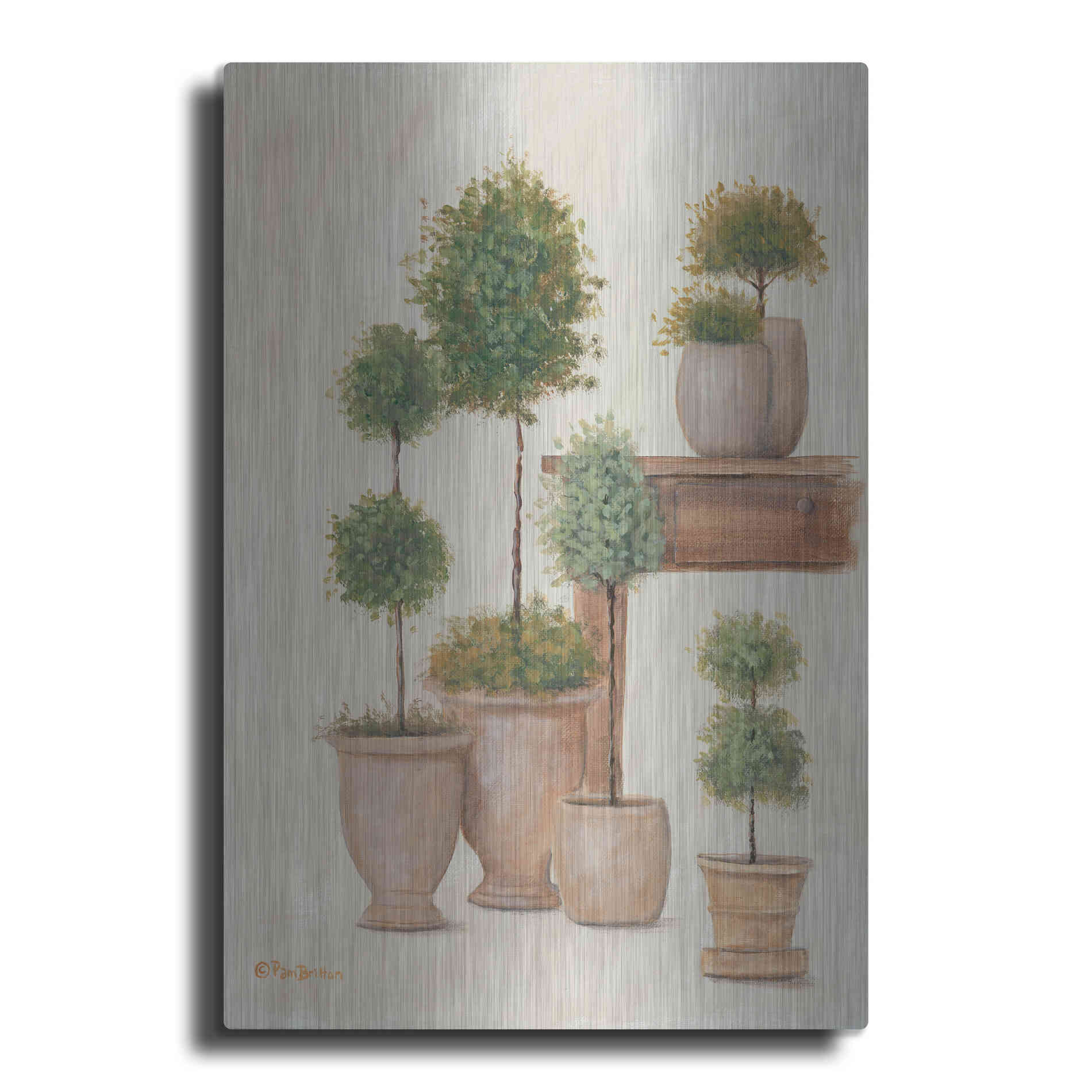 Luxe Metal Art 'Potting Bench & Topiaries I' by Pam Britton, Metal Wall Art