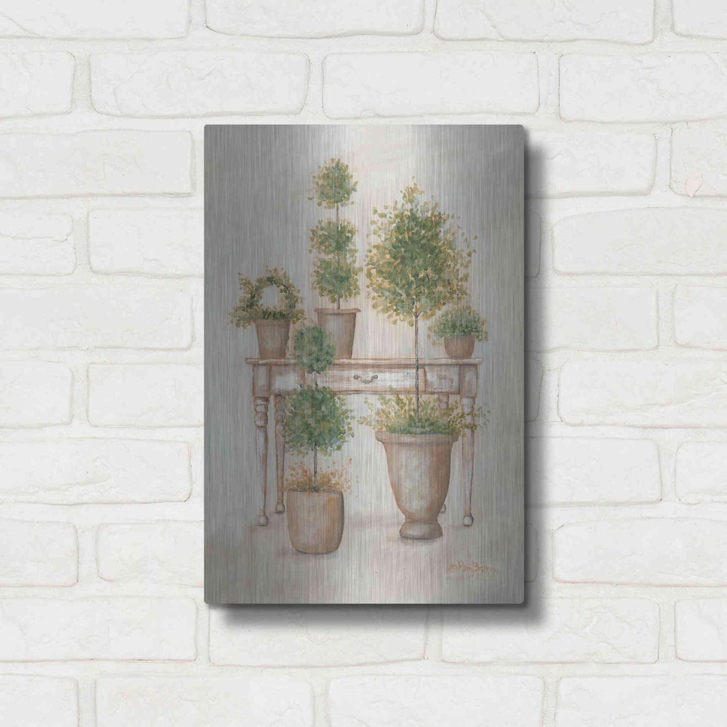 Luxe Metal Art 'Potting Bench & Topiaries II' by Pam Britton, Metal Wall Art,12x16