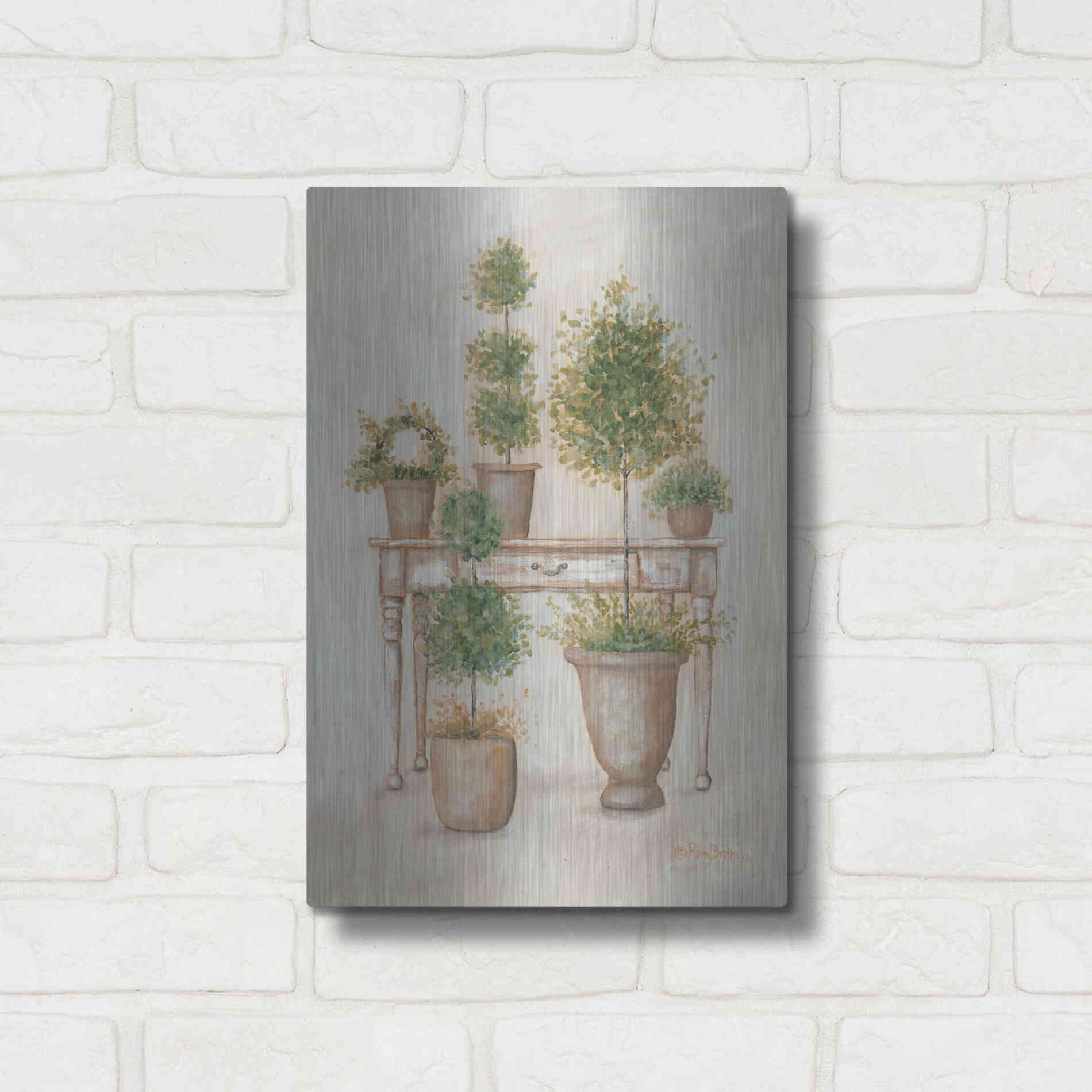 Luxe Metal Art 'Potting Bench & Topiaries II' by Pam Britton, Metal Wall Art,12x16