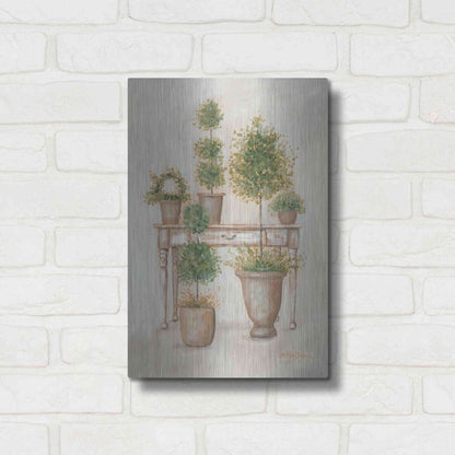 Luxe Metal Art 'Potting Bench & Topiaries II' by Pam Britton, Metal Wall Art,12x16