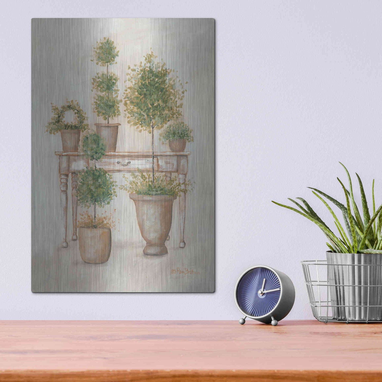 Luxe Metal Art 'Potting Bench & Topiaries II' by Pam Britton, Metal Wall Art,12x16