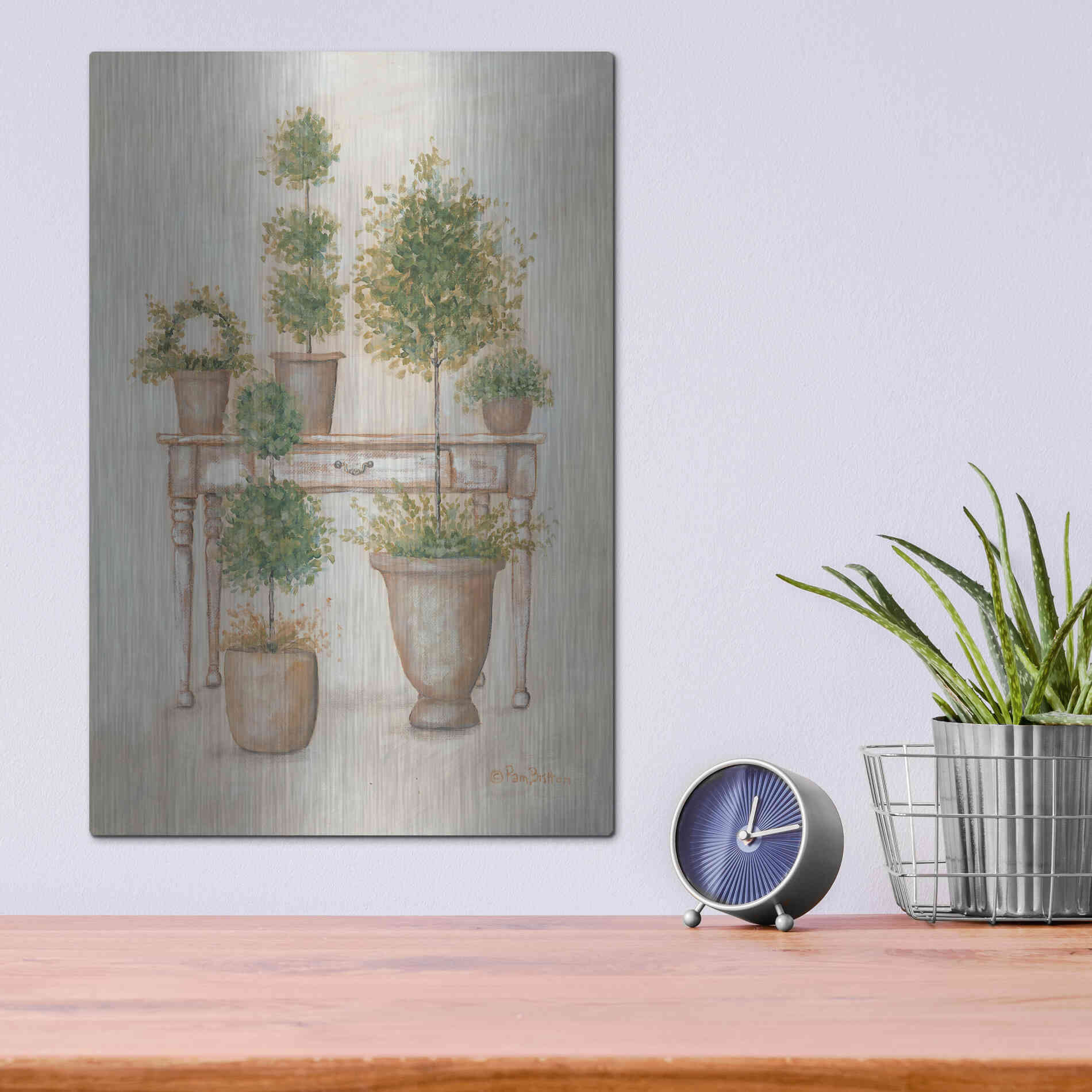 Luxe Metal Art 'Potting Bench & Topiaries II' by Pam Britton, Metal Wall Art,12x16