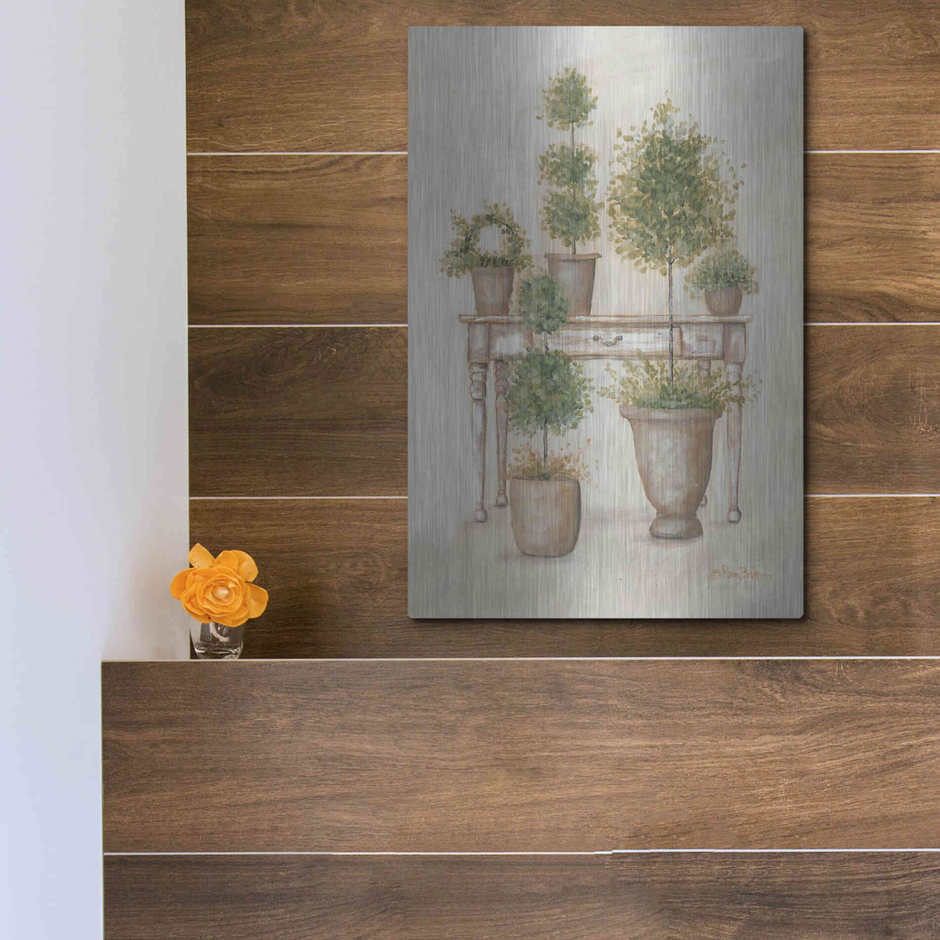 Luxe Metal Art 'Potting Bench & Topiaries II' by Pam Britton, Metal Wall Art,12x16