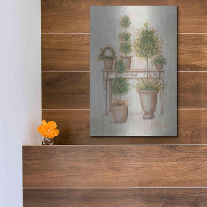 Luxe Metal Art 'Potting Bench & Topiaries II' by Pam Britton, Metal Wall Art,12x16