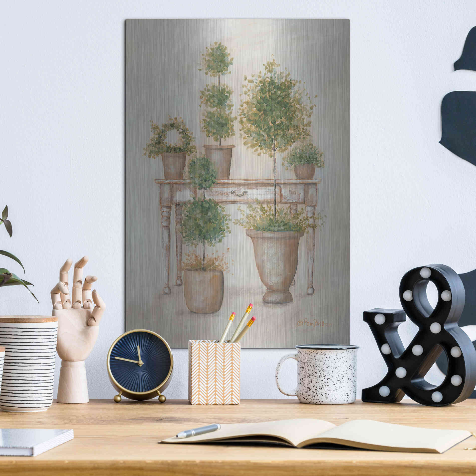 Luxe Metal Art 'Potting Bench & Topiaries II' by Pam Britton, Metal Wall Art,12x16