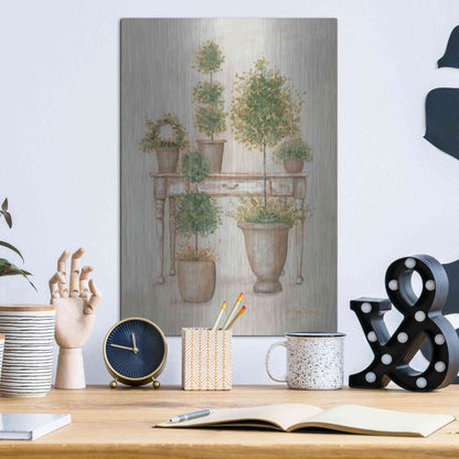 Luxe Metal Art 'Potting Bench & Topiaries II' by Pam Britton, Metal Wall Art,12x16