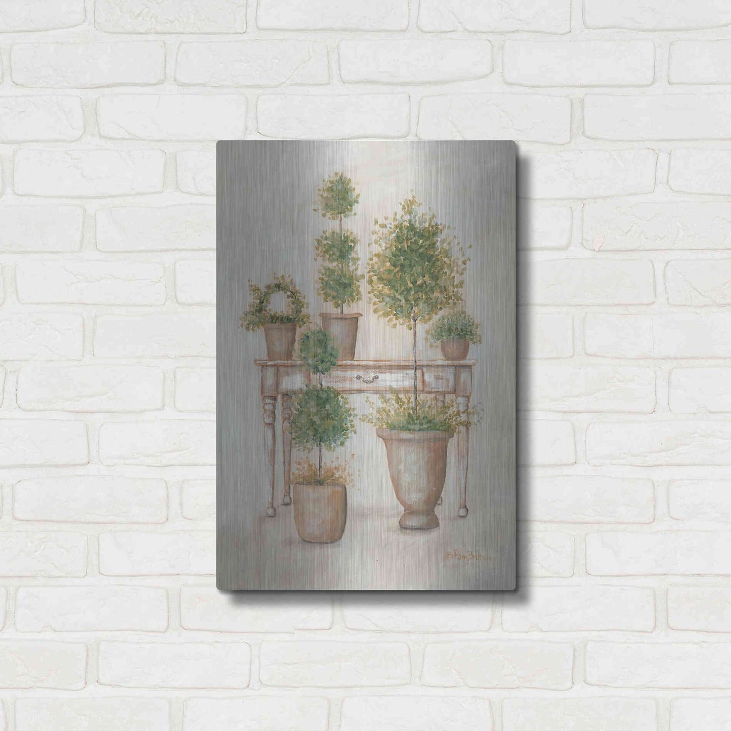 Luxe Metal Art 'Potting Bench & Topiaries II' by Pam Britton, Metal Wall Art,16x24