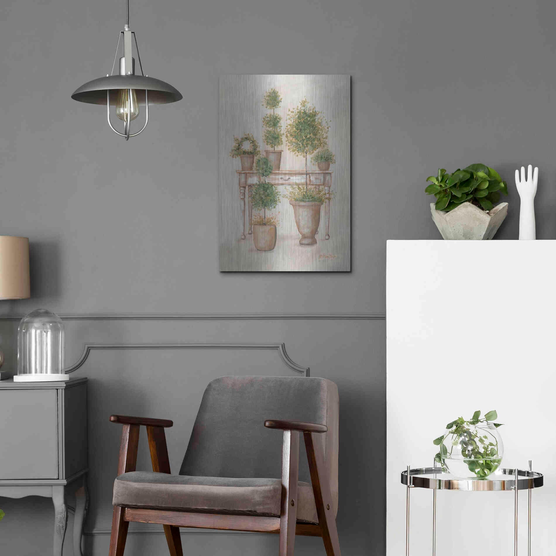 Luxe Metal Art 'Potting Bench & Topiaries II' by Pam Britton, Metal Wall Art,16x24