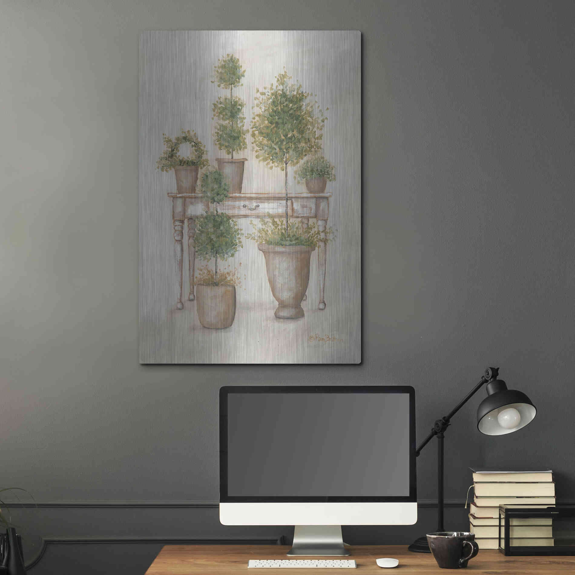 Luxe Metal Art 'Potting Bench & Topiaries II' by Pam Britton, Metal Wall Art,24x36