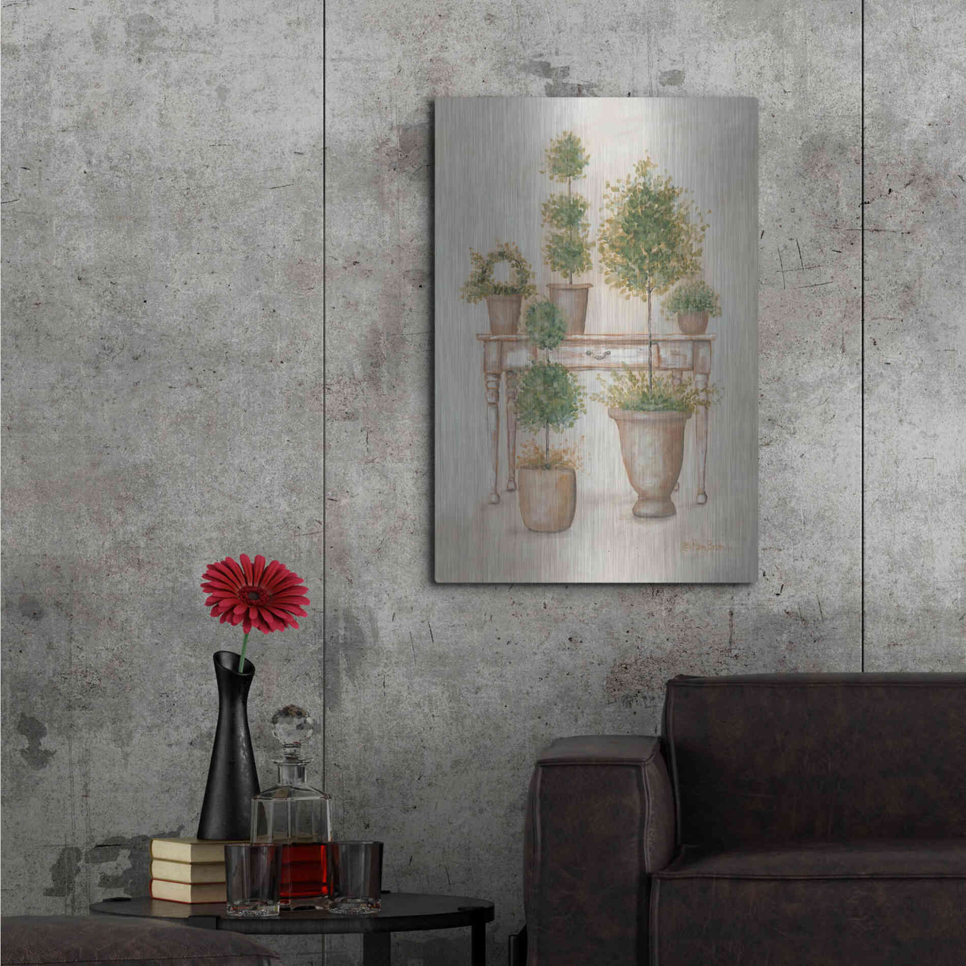 Luxe Metal Art 'Potting Bench & Topiaries II' by Pam Britton, Metal Wall Art,24x36