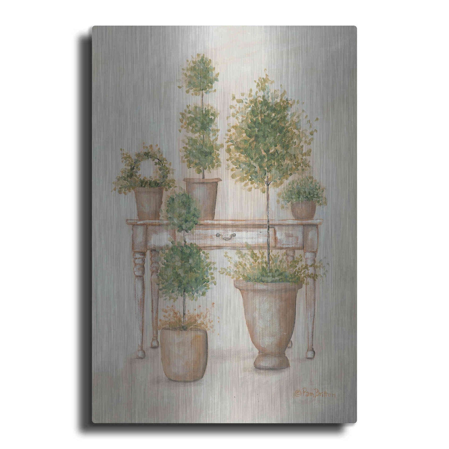 Luxe Metal Art 'Potting Bench & Topiaries II' by Pam Britton, Metal Wall Art