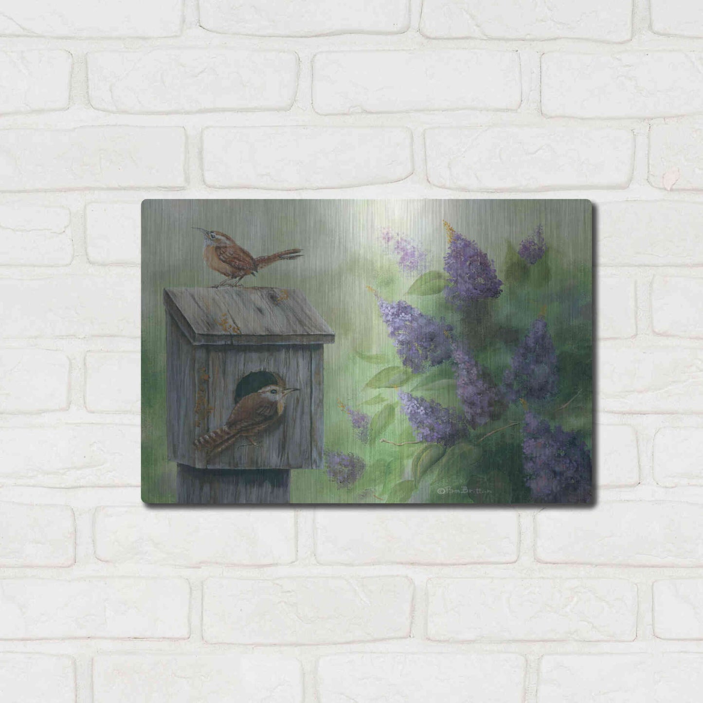 Luxe Metal Art 'Wrens & Lilacs' by Pam Britton, Metal Wall Art,16x12