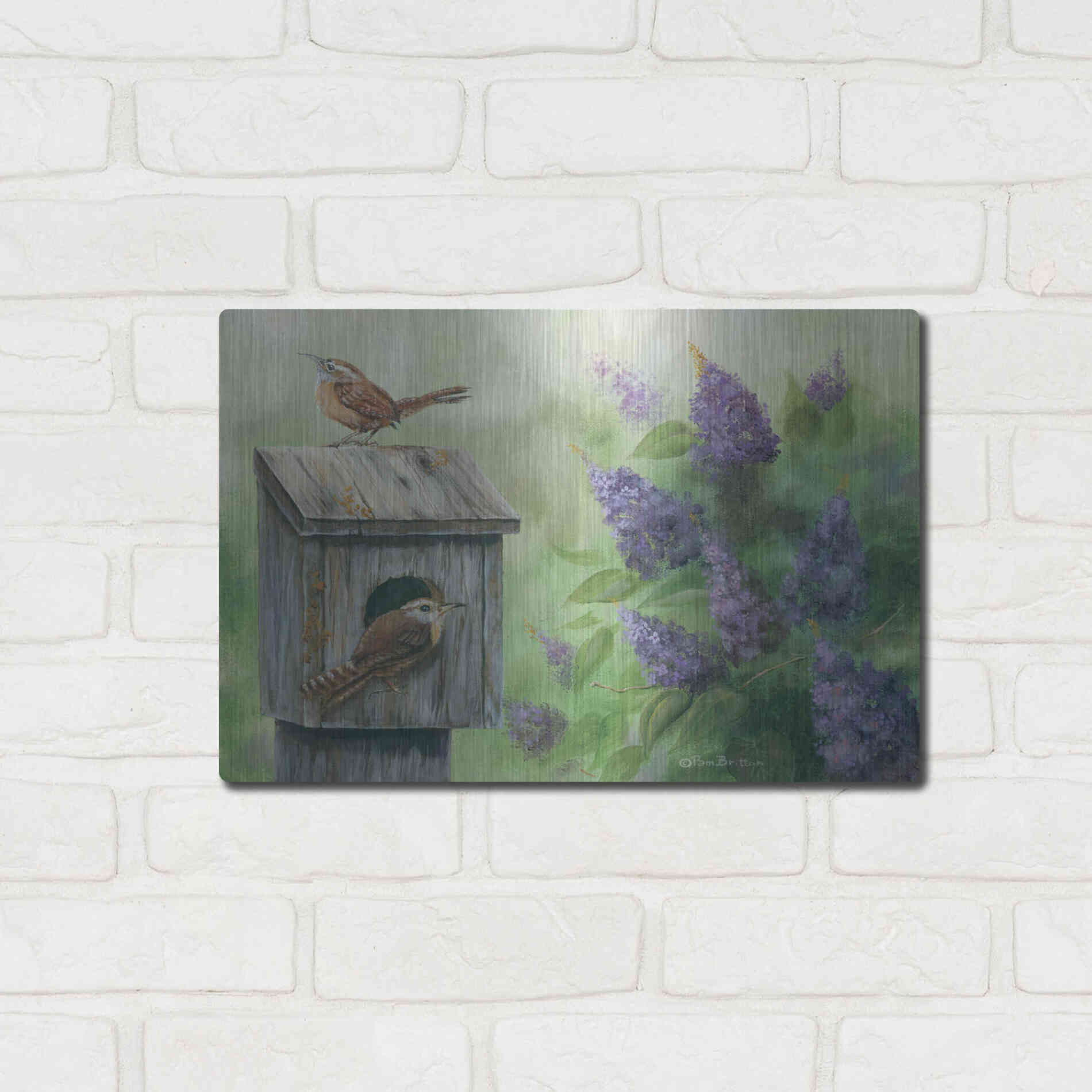 Luxe Metal Art 'Wrens & Lilacs' by Pam Britton, Metal Wall Art,16x12