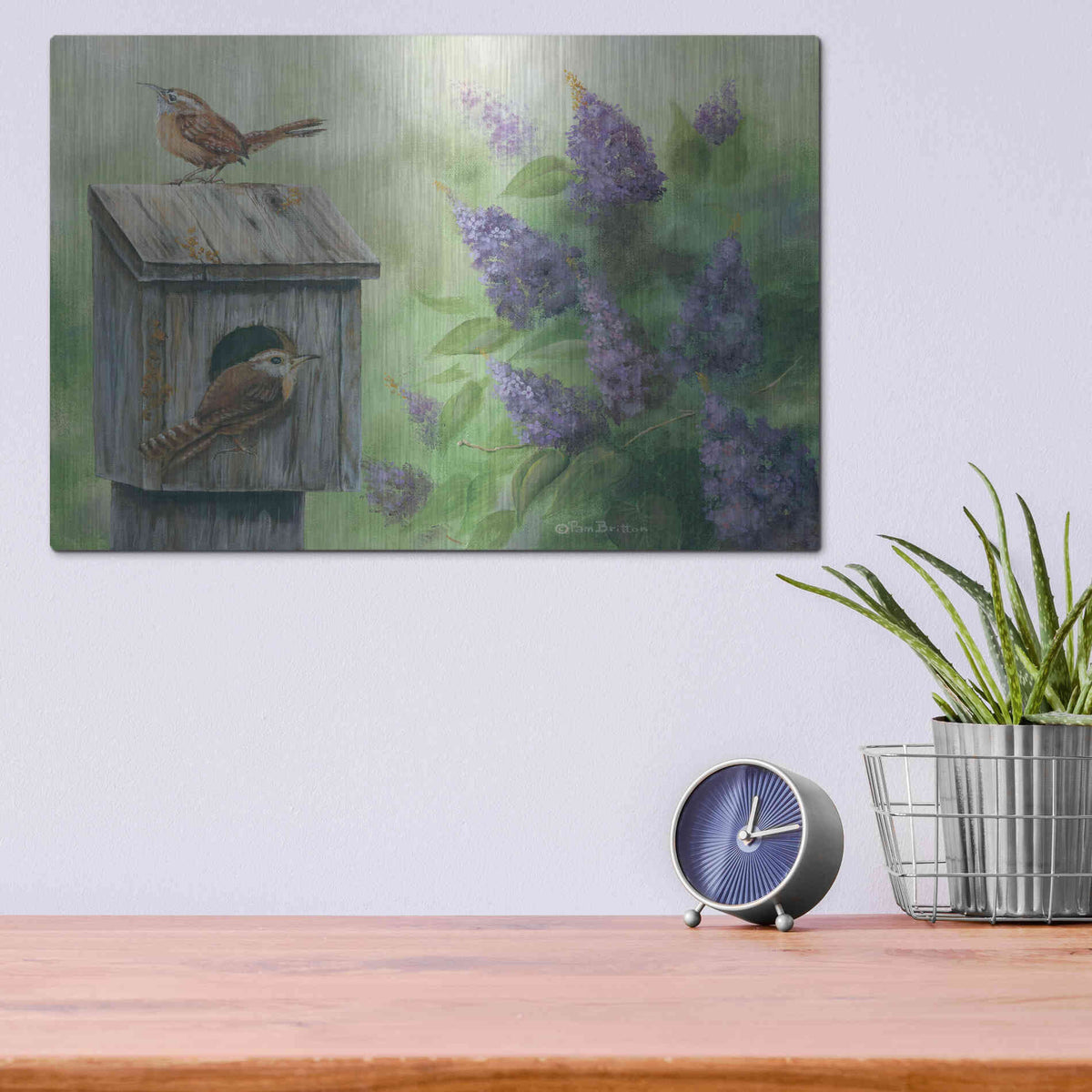 Luxe Metal Art 'Wrens & Lilacs' by Pam Britton, Metal Wall Art,16x12