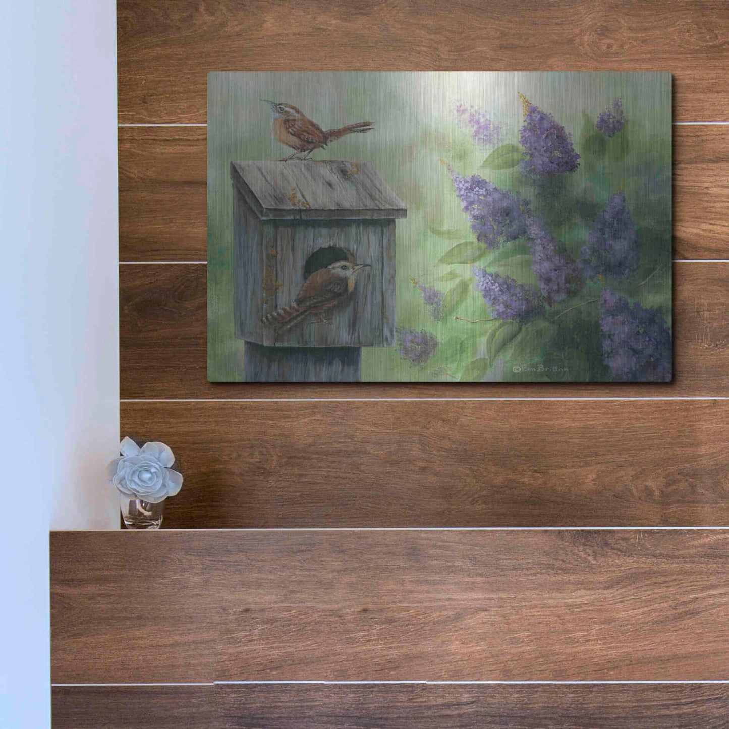 Luxe Metal Art 'Wrens & Lilacs' by Pam Britton, Metal Wall Art,16x12
