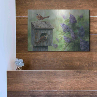 Luxe Metal Art 'Wrens & Lilacs' by Pam Britton, Metal Wall Art,16x12
