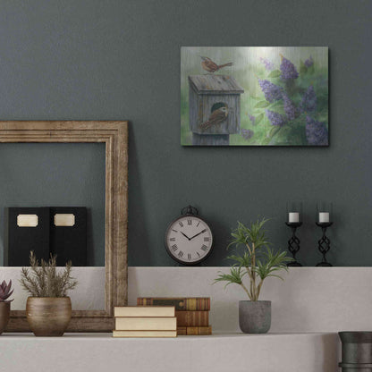 Luxe Metal Art 'Wrens & Lilacs' by Pam Britton, Metal Wall Art,16x12